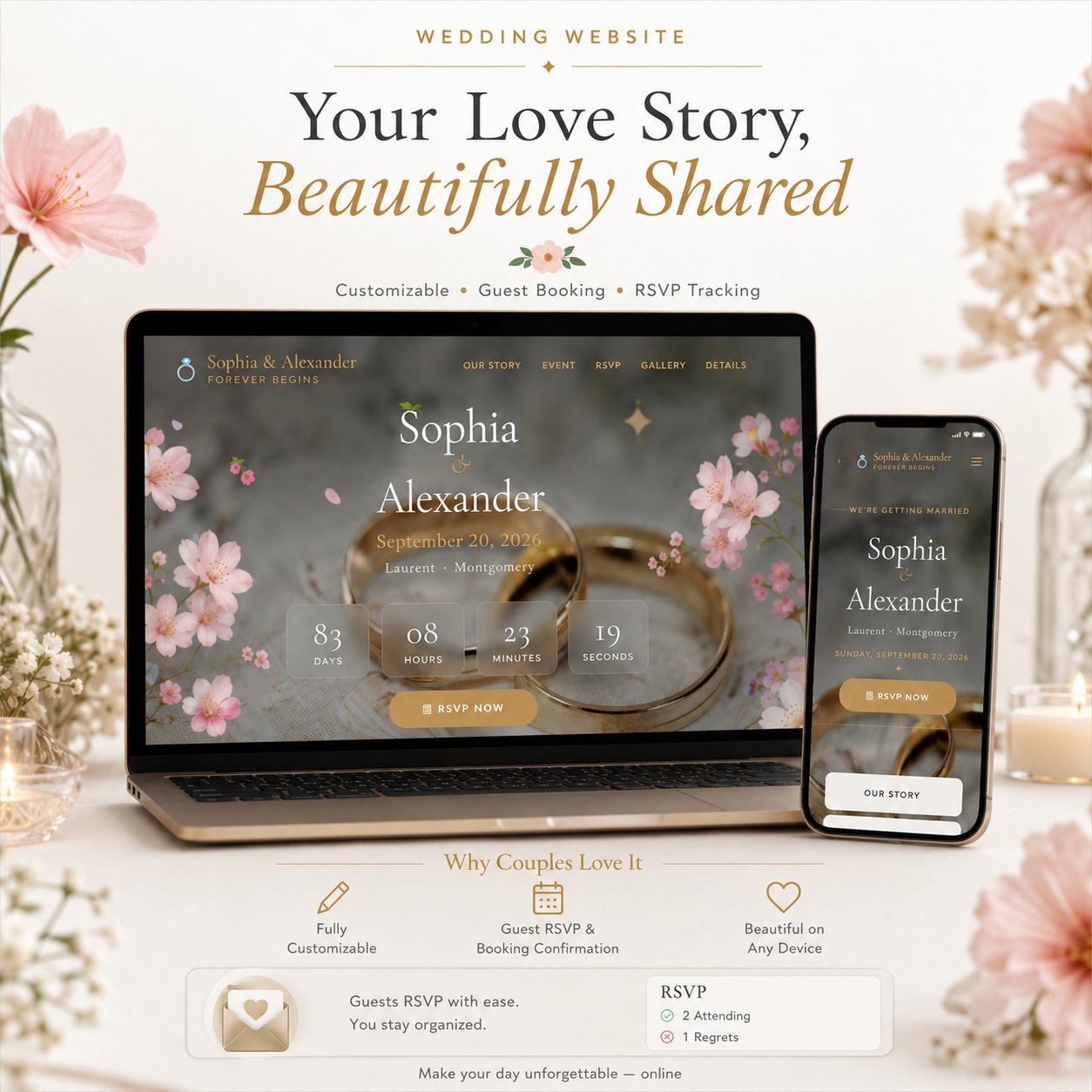 Custom personalized wedding website with online RSVP - elegant design example