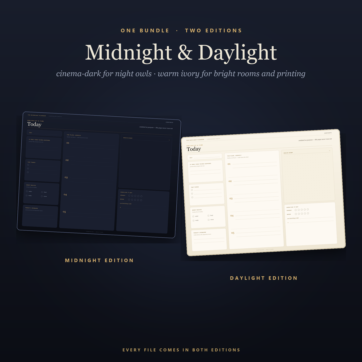 The same daily worksheet shown in both included editions — cinema-dark Midnight and warm ivory Daylight