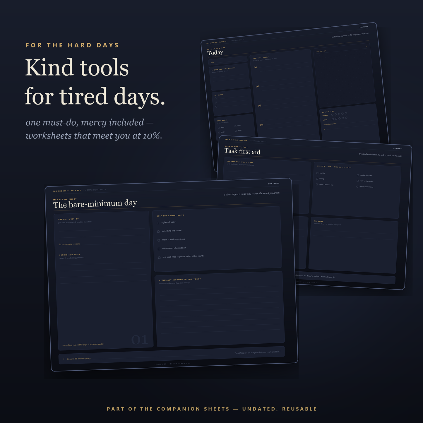 Kind tools for tired days — the bare-minimum day, task first aid and daily worksheets from the ADHD planner bundle, Midnight edition