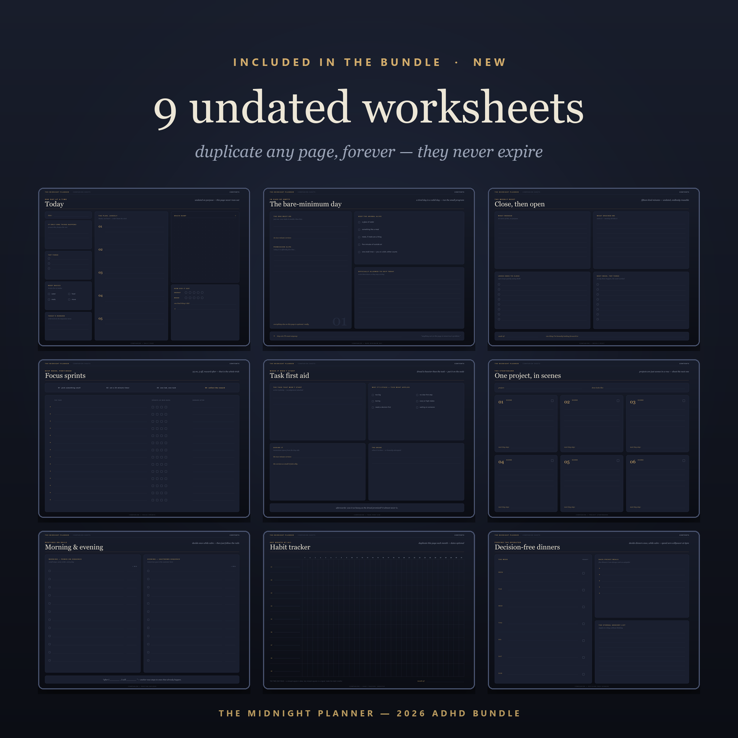 All nine undated ADHD companion worksheets included in the 2026 planner bundle, shown in the dark Midnight edition — daily page, bare-minimum day, weekly reset, focus sprints, task first aid, project storyboard, routine builder, habit tracker and decision-free dinners